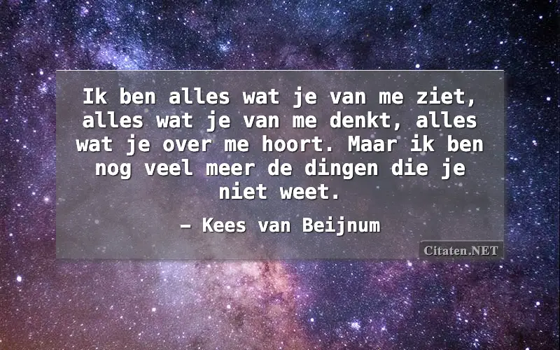 Ik ben alles wat je van me ziet, alles wat je van me denkt, alles wat je over me hoort. Maar ik ben nog veel meer de dingen die je niet weet.