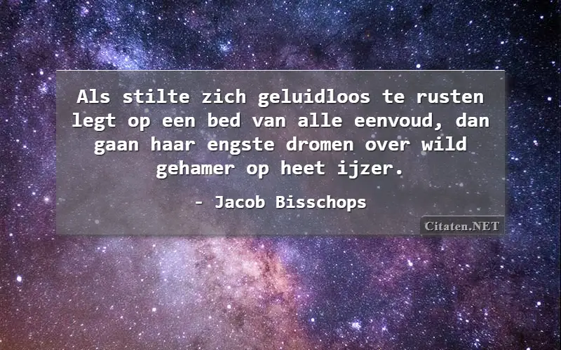 Als stilte zich geluidloos te rusten legt op een bed van alle eenvoud, dan gaan haar engste dromen over wild gehamer op heet ijzer.