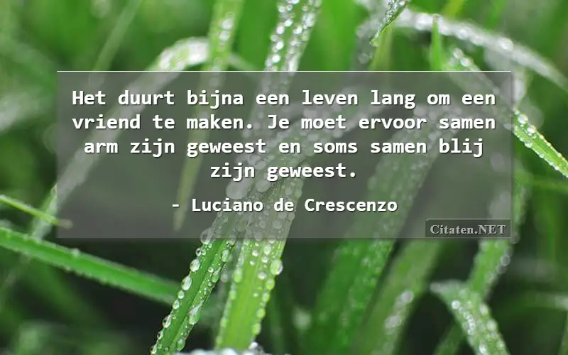 Het duurt bijna een leven lang om een vriend te maken. Je moet ervoor samen arm zijn geweest en soms samen blij zijn geweest.