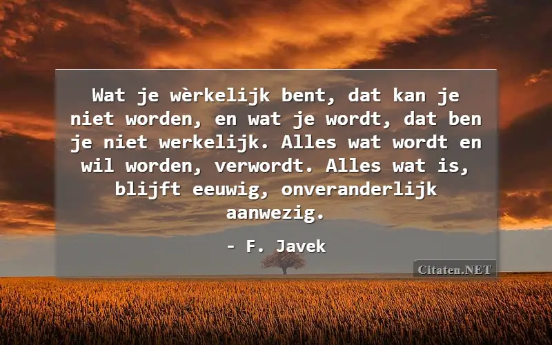 Wat je wèrkelijk bent, dat kan je niet worden, en wat je wordt, dat ben je niet werkelijk. Alles wat wordt en wil worden, verwordt. Alles wat is, blijft eeuwig, onveranderlijk aanwezig.