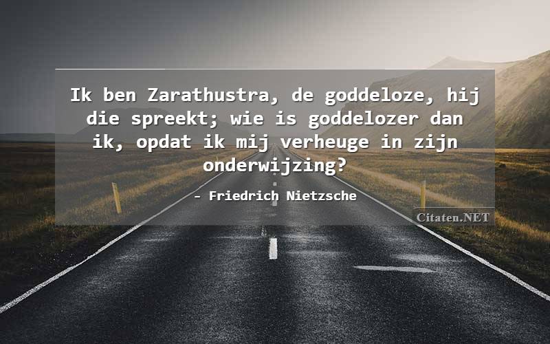 Ik ben Zarathustra, de goddeloze, hij die spreekt; wie is goddelozer dan ik, opdat ik mij verheuge in zijn onderwijzing?